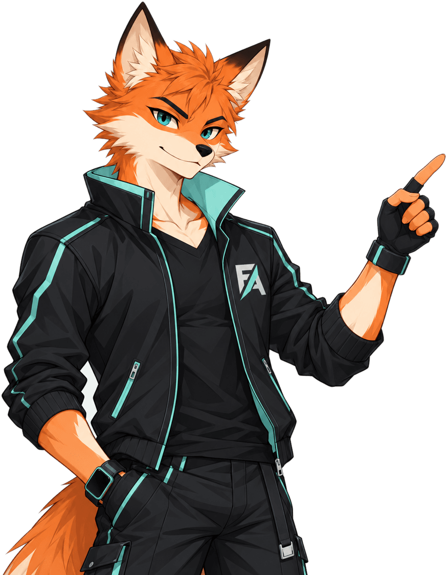 Fuky AA fox mascot pointing up at the headline